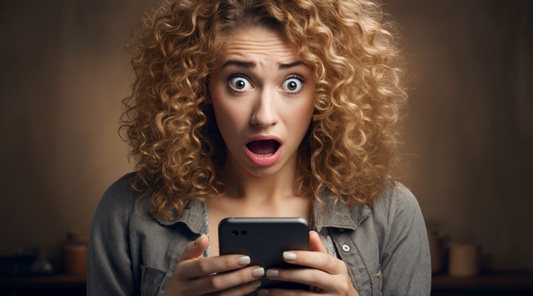 A shocked woman holding an ereader